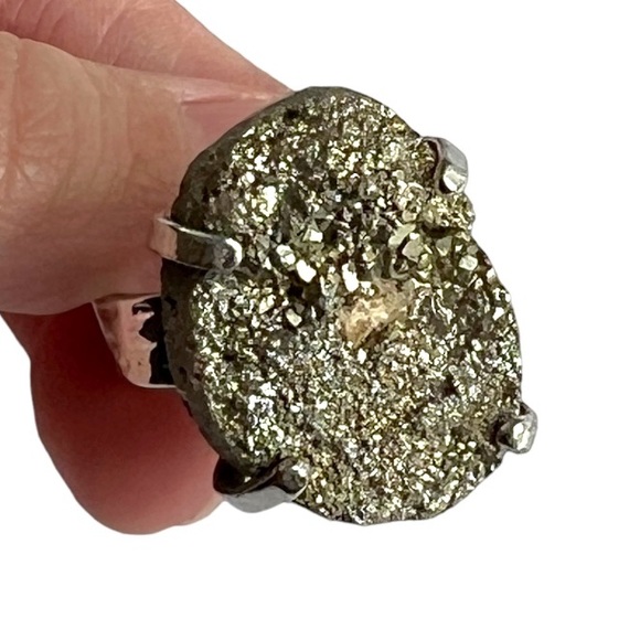 Silver Pyrite Druzy Adjustable Ring - Picture 4 of 11